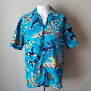 Aloha Republic Men's Hawaiian Shirt Size M Blue Orca Whale Sea Turtle Ocean EUC